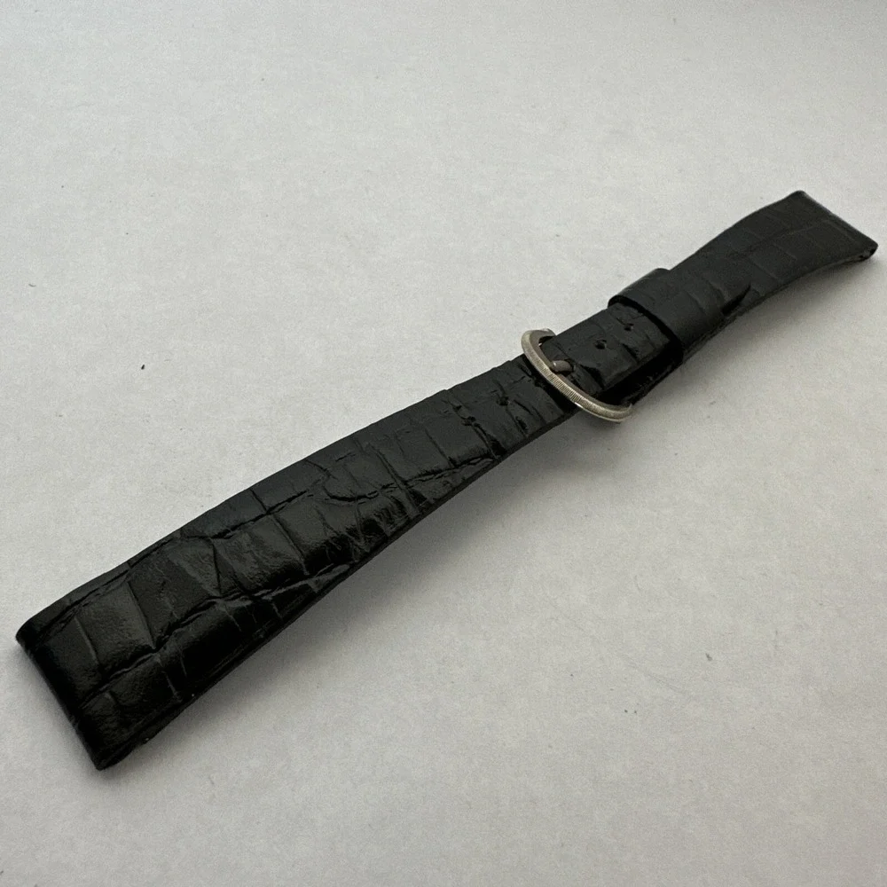 Caravelle Black Leather Watch Strap 18mm Croc Embossed Silver Horseshoe Buckle